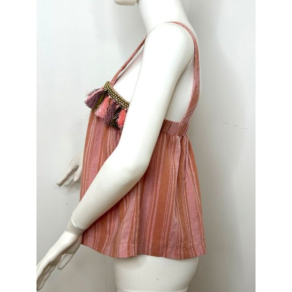Honey Punch Tank Top S Women’s Pink Orange Striped Tassels Gold Beads Straps - Picture 2 of 12